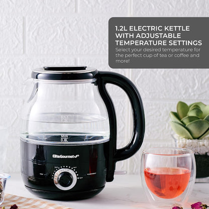 Elite Gourmet 1.2L Electric Glass Kettle, 1200W Fast Boil, Adjustable Temperature Control & Keep Warm, BPA-Free Borosilicate Glass, Auto Shut-Off & Boil-Dry Protection, 360° Cordless Base, Mint