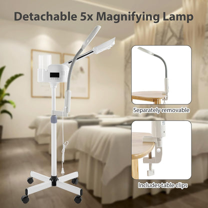 Professional Facial Steamer 3 in 1 Steamer for Face with Hot & Cold Nozzle 5X LED Magnifying Lamp Facial Steamer for Esthetician Beauty Face Equipment Use at Home or Salon