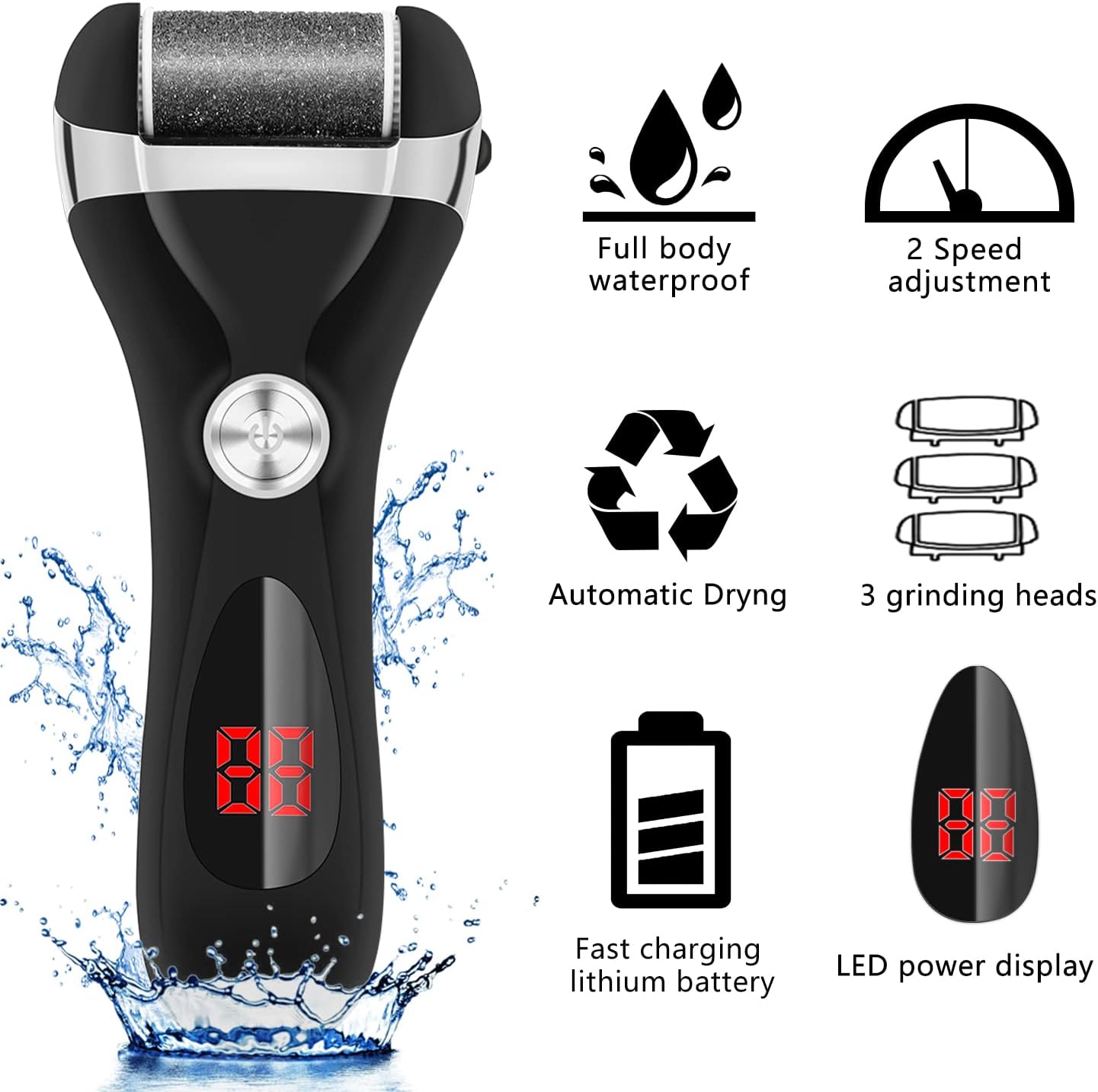 Electric Foot Callus Remover Kit, Elmchee Rechargeable Callous removers 3 Grinding Heads Waterproof Foot Scrubber File, Professional Pedicure Tools kit Feet Care for Dead, Cracked Dry Skin