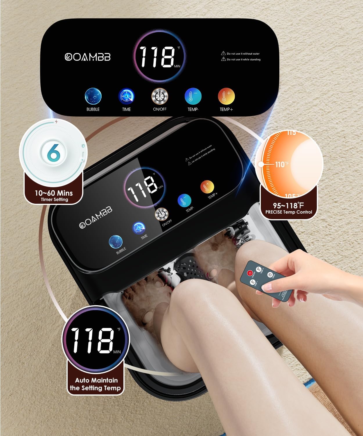 OOAMBB Collapsible Foot Spa with Heat, Bubble,Temp Control,Remote Control, Color Touch Screen Foot Bath Massager with 6 Massage Rollers,Foot Soaking Tub,Pedicure Foot spa for Stress Relief (Deep Grey)