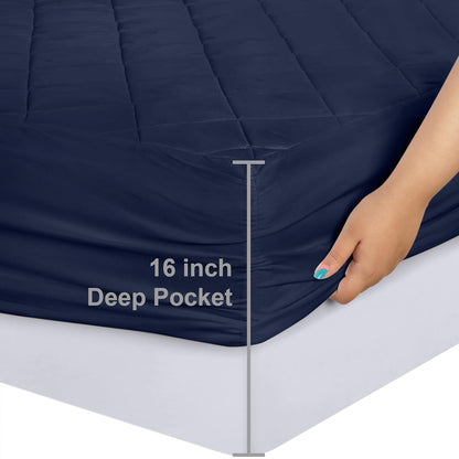 Quilted Fitted Mattress Pad, Queen Mattress Protector Topper with Deep Pocket Stretches up to 16 Inches, Machine Washable Mattress Cover by Utopia Bedding (White)