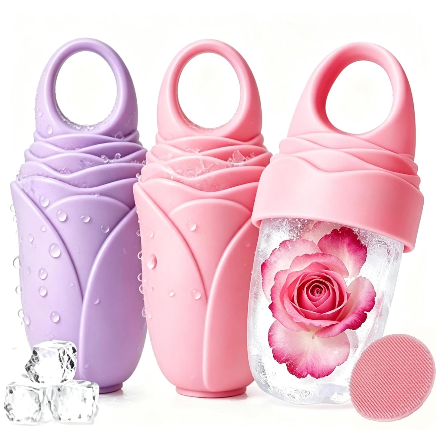 3 Pack Ice Roller for Face, Facial Ice Roller Silicone Mold Reusable for Face Women and Eye Neck Cold Skin Care Tools Freezer De Puff Eye Bags Reduce Migraine Pain Pink 1 + Purple 2