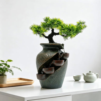 Mini Artificial Bonsai Tree Waterfall Fog Feature Rock Tabletop Fountain | 11in Desktop Decor Waterfall Fountain W/ Water Pump& Atomizer&LED Lights &Fake Tree Office Bedroom Relax