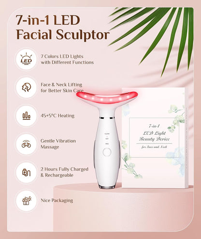 Dopsikn 7 Color Galvanic Machines - Red Light Therapy for Face and Neck, Face Massager Tool for Wrinkles, Double Chin, Vibrating Facial Massager with Thermals, Pink