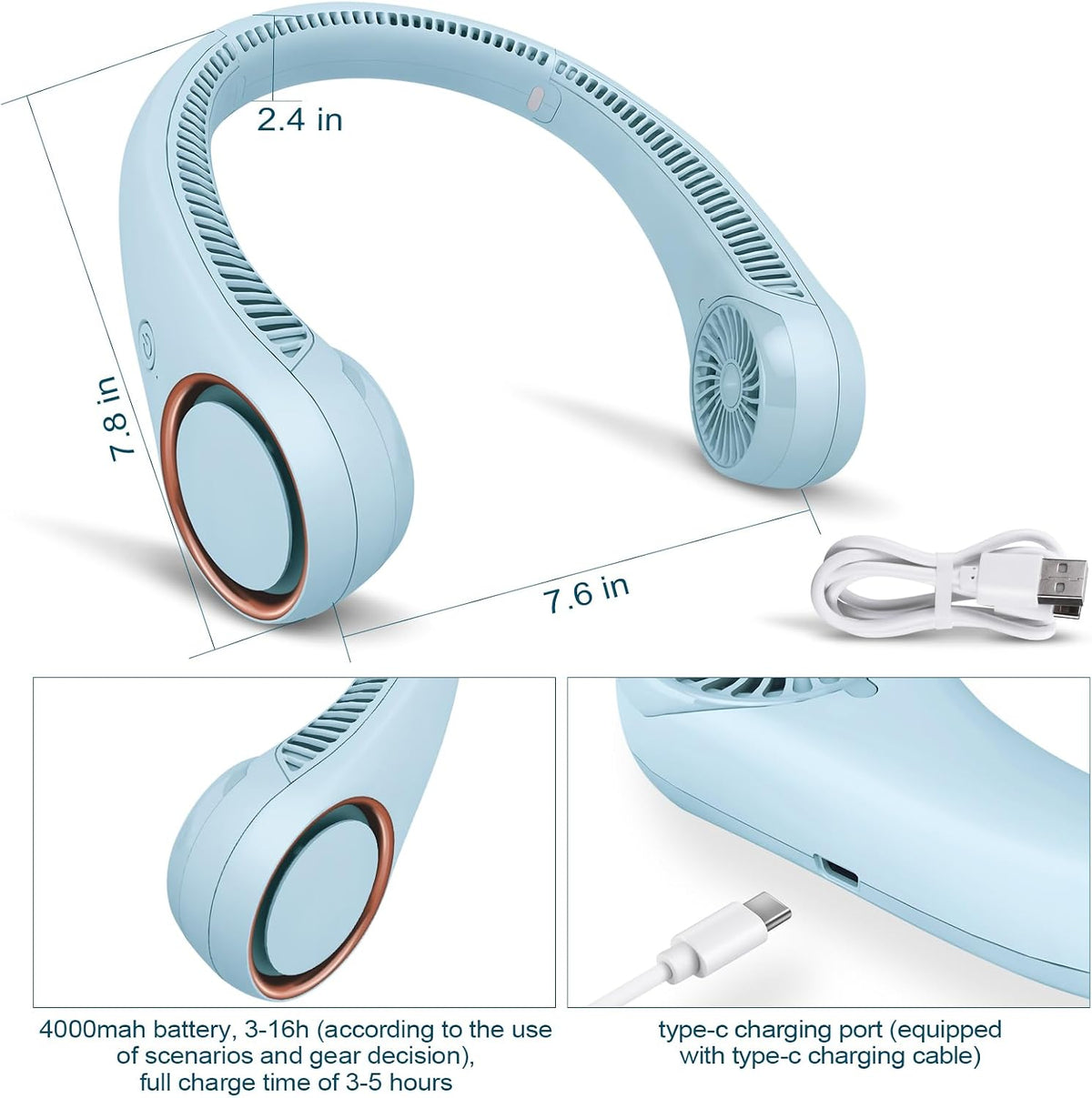 CIVPOWER Neck Fan: Portable Personal Neck Cooling Rechargeable Bladeless Fan - Hands Free 3 Speed 4000 mAh Battery USB Operated Wearable Headphone Design - Gift for Men Women Outdoor (White)