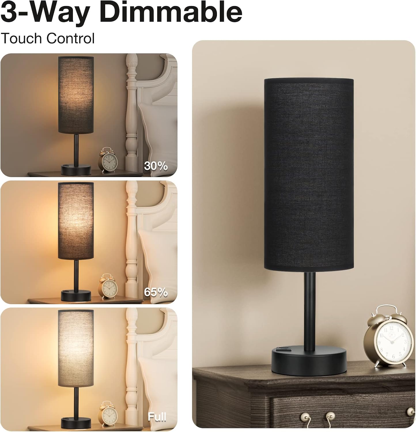 Dicoool Touch Table Lamp for Bedroom, 3 Way Dimmable Bedside Lamp with USB C & A Charging Ports - Small Desk Lamp for Dorm Room, College, Kids, Office, Living Room, White
