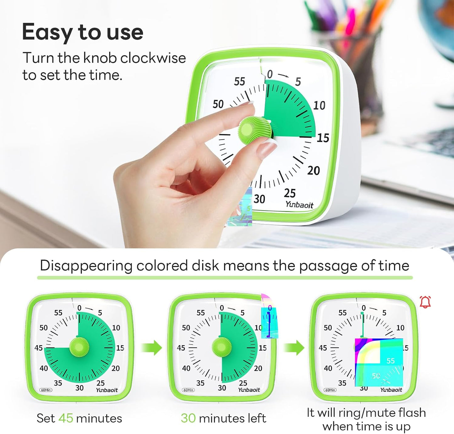 Yunbaoit Visual Timer with Night Light, 60-Minute Countdown Timer for Kids and Adults, Silent Classroom Timer, Time Management Tool for Home, School, or Work (Light Blue)