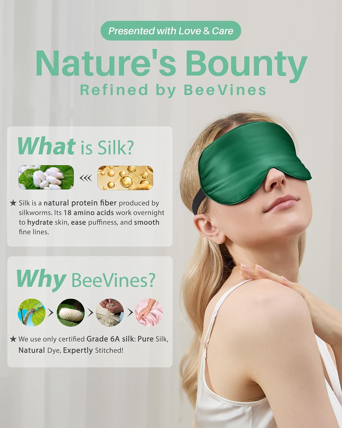 BeeVines 100% Real Mulberry Silk 2 Pack Sleep Mask, Natural Pure Silk Eye Masks with Adjustable Strap for Sleeping, Block Light Eye Sleep Shade Cover, Reduces Puffy Eyes Traveling Gifts