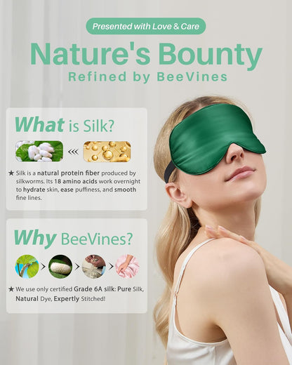 BeeVines 100% Real Mulberry Silk 2 Pack Sleep Mask, Natural Pure Silk Eye Masks with Adjustable Strap for Sleeping, Block Light Eye Sleep Shade Cover, Reduces Puffy Eyes Traveling Gifts