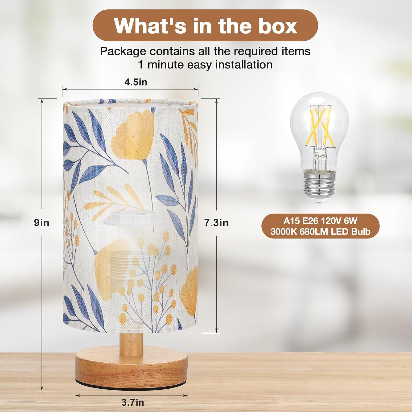 Fenmzee Small Table Lamp for Bedroom - Inline Control, Bedside Lamp with 3000K A15 LED Blub, Easy Assembly (Cream Shade - Wood Base, 9" Inline Control)