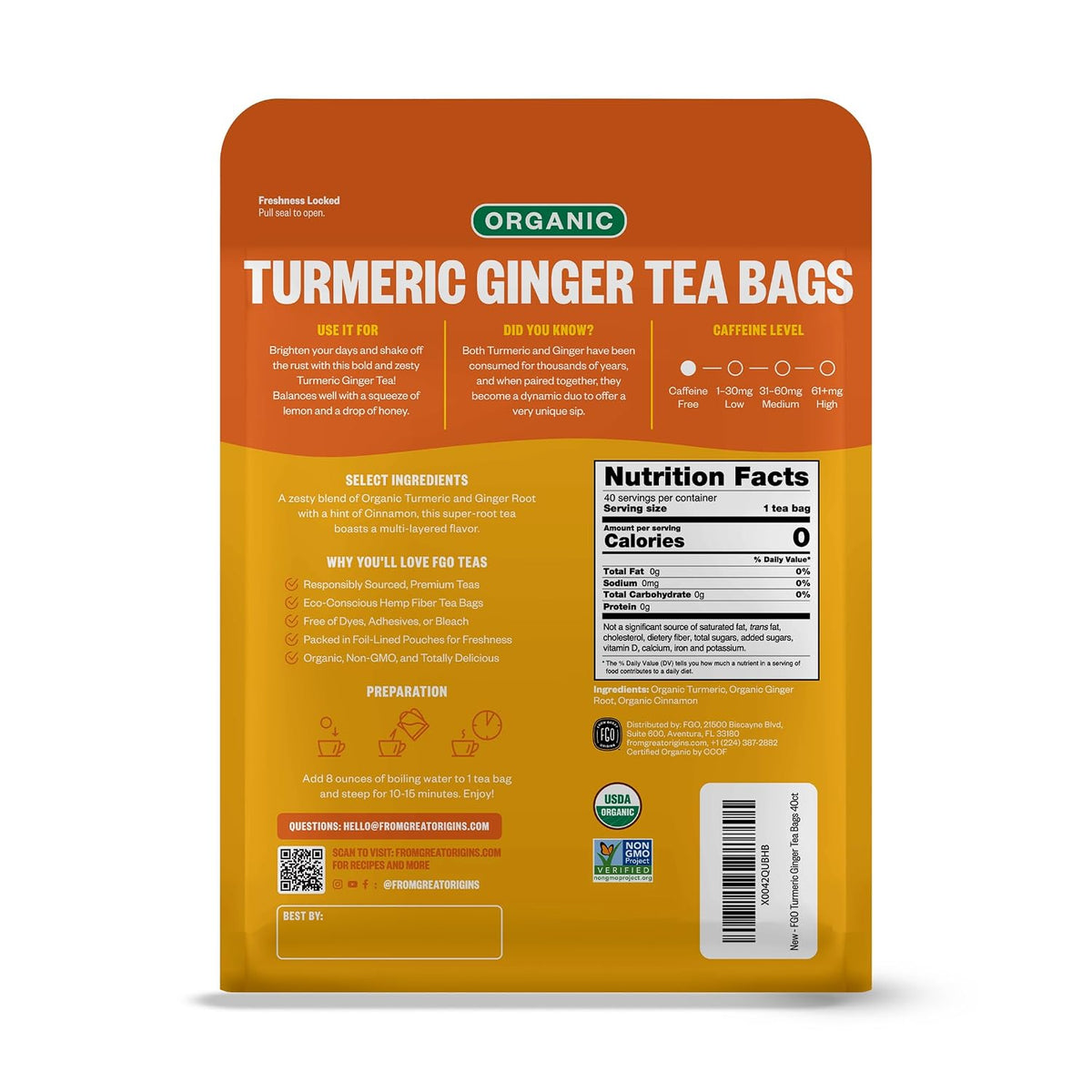 FGO Organic Turmeric Ginger Herbal Tea, 40 Count, Eco-Conscious Tea Bags, Caffeine Free (Pack of 1)