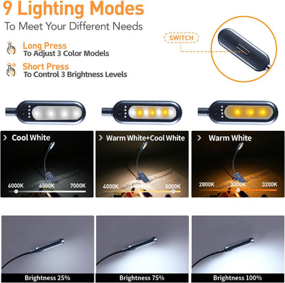 VAVOFO Clip On Book Light for Bed Kids, 7 LED Reading Light with 9-Level Warm Cool White Daylight, Eye Care Lamp with Power Indicator for Bookworms (Blue)