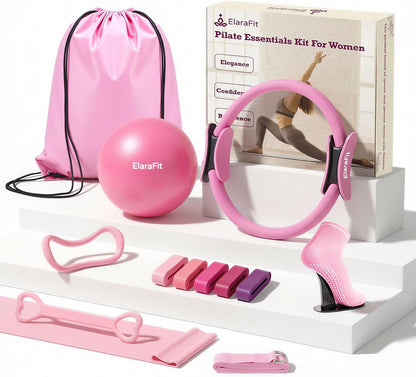 Home Pilates Ring and Ball Set for Women with 5 Resistance Bands 13 inch Magic Circle Workout Starter Kit for Beginners Full Body Toning 15 Min Daily Routine