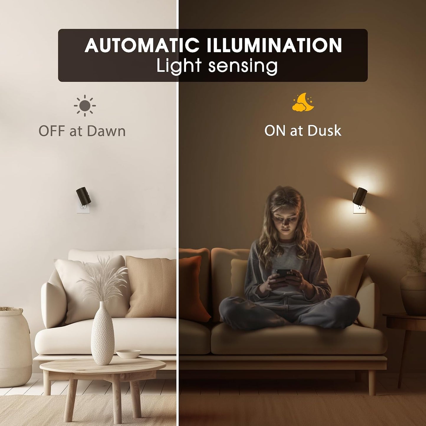 Briignite Night Lights Plug into Wall, Modern LED Night Light Plug in, Dusk to Dawn Sensor,Amber Night Light 0-100LM Adjustable Brightness, Dimmable NightLight for Hallway, Bedroom, Stairway, 2 Pack