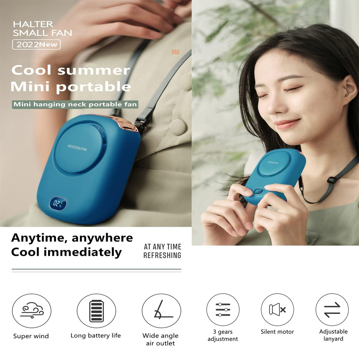AOCOOLFAN Portable Neck Fan, Mini Small Personal Handheld Fan USB Rechargeable 3 Speed for Girls Boys Woman Eyelash Travel Home Office Outdoor (White)