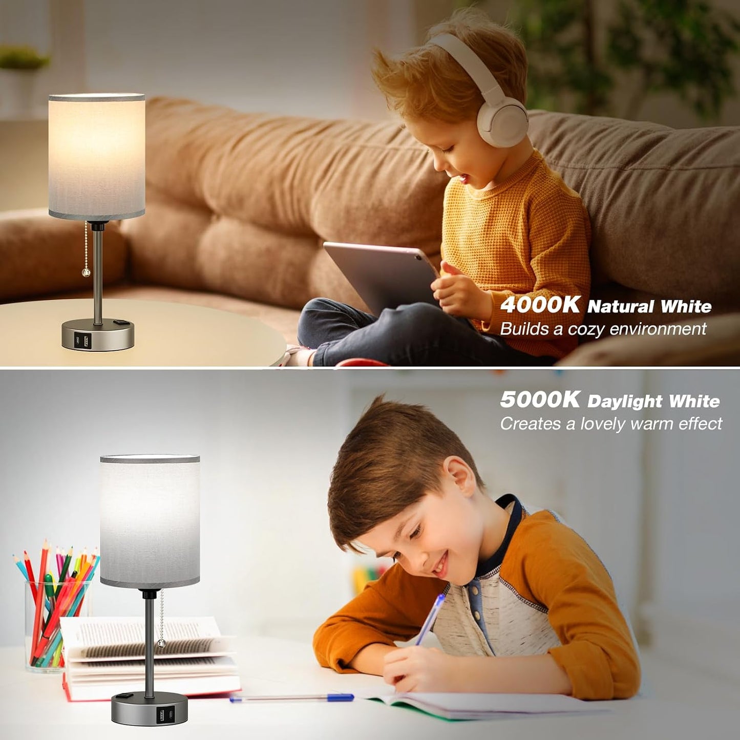 Small Bedside Table lamp for Bedroom - 3 Color Temperatures Bedside Lamps with USB C and A Ports, Pull Chain Table Lamps with AC Outlet, White Nightstand Lamps with Black Metal Base for Kids Reading