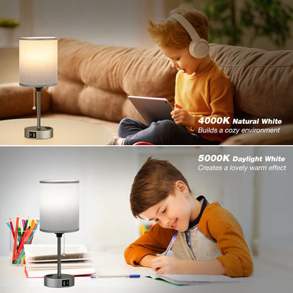 Small Bedside Table lamp for Bedroom - 3 Color Temperatures Bedside Lamps with USB C and A Ports, Pull Chain Table Lamps with AC Outlet, White Nightstand Lamps with Black Metal Base for Kids Reading