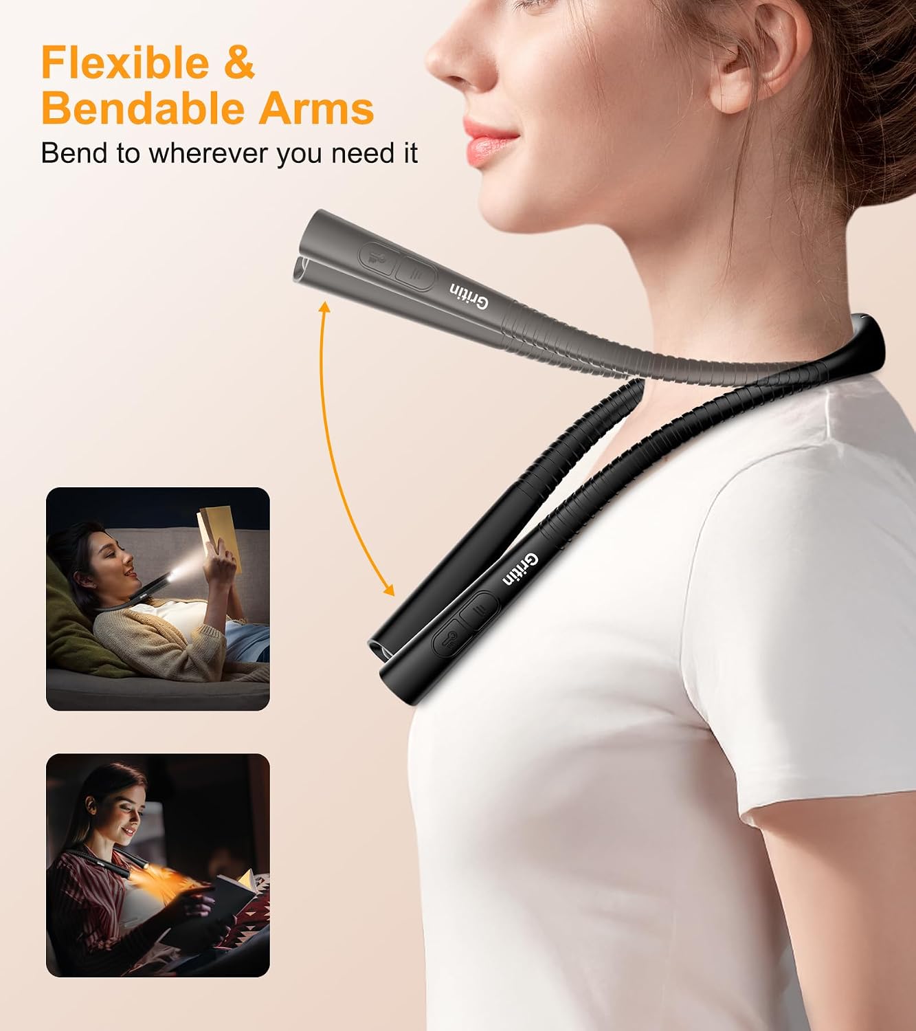 Gritin Book Light, Eye Caring 4-Color & 5-Brightness Neck Light Reading Light- Stepless Dimming,30-min Timer,80+ Hrs Runtime,Bendable Round Neck Design, Lightweight for Reading, Knitting, Repairing