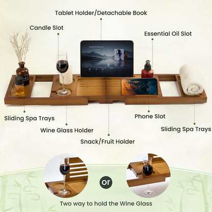 Teak Bathtub Tray - Luxury Bath Tray with Expandable Handles, Wine Glass and Phone Holders, Book Stand - Perfect for Home Spa Relaxation and Reading - Natural Bath Accessories - Dark Walnut Color