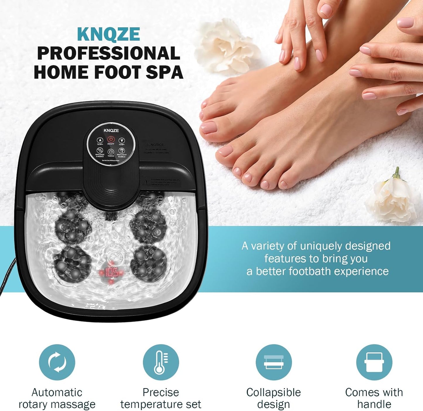 KNQZE Collapsible Foot Spa Bath with Heat & Remote Control, Bubble Massage, Temperature Control, Red Light, Timer, 16 Rollers & Pumice Stone for a Soothing Spa Experience