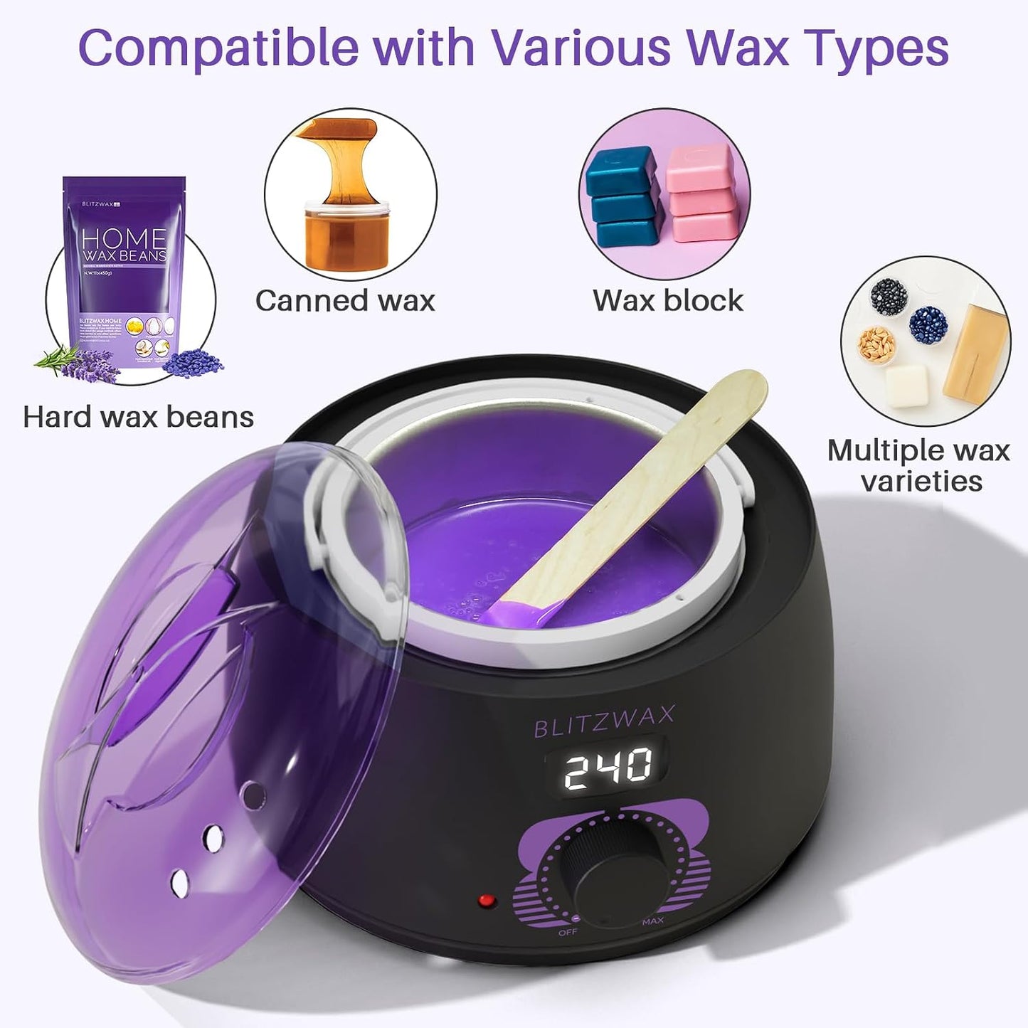 BLITZWAX Brazilian and Bikini Waxing Kit for Women, Hard Wax Warmer for Face, Legs and Body, At Home Hair Removal Kit, Beginner Friendly, Digital Fast Heating, 51 Wax Items