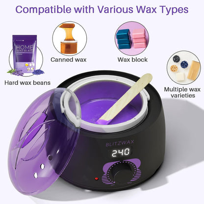 BLITZWAX Brazilian and Bikini Waxing Kit for Women, Hard Wax Warmer for Face, Legs and Body, At Home Hair Removal Kit, Beginner Friendly, Digital Fast Heating, 51 Wax Items