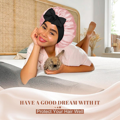 Satin Bonnet for Sleeping Cap Double Layer Hair Bonnet with Elastic Tie Band for Curly Hair Night Cap (Bean Paste + Pink)
