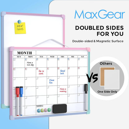 MaxGear Monthly Calendar Dry Erase Board for Wall, 16"x12", White Frame | Double-Sided, Hanging Small White Board, Portable Whiteboard for Planning, Drawing, Memo, to Do List, Home, Kitchen, Office
