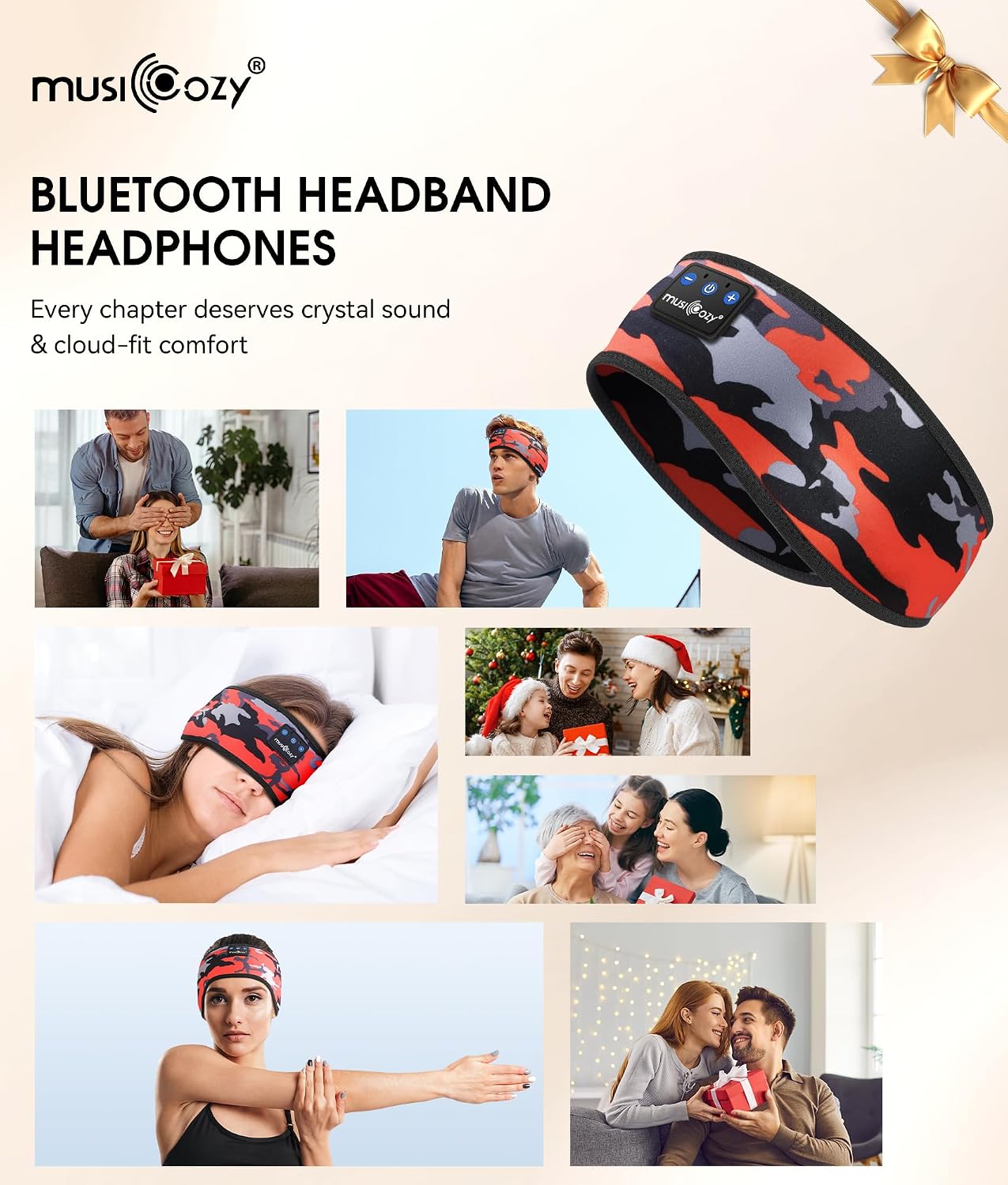 MUSICOZY Sleep Headphones Bluetooth 5.4 Headband, Wireless Earphones Music Sleep Earbuds Sleeping Eye Mask with HD Stereo Speakers for Workout Running Travel Yoga, Ideal Gifts for Men Women Mom Dad
