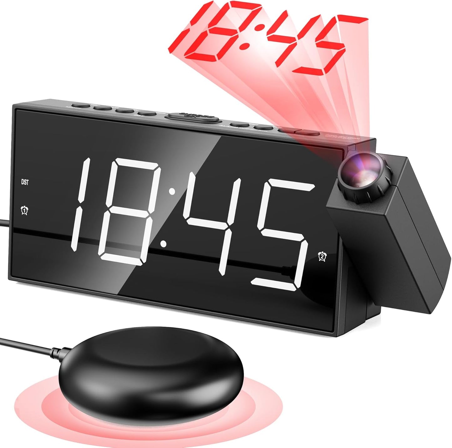 Digital Projection Alarm Clocks for Bedrooms - Large LED Display, 180° Rotatable Projector, 5-Level Dimmer,USB Charger,Battery Backup,Loud Dual Alarms for Kids Elderly,Heavy Sleepers,Snooze,12/24H,DST