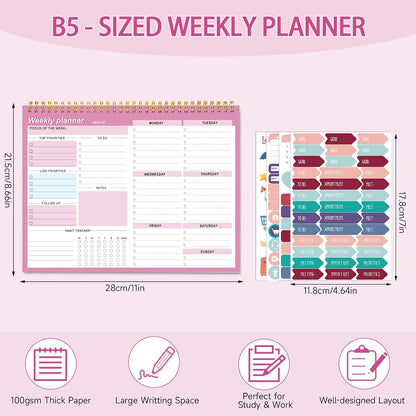 Weekly To Do List Notepad, 8.5''x11'' Weekly Desk Planner with 52 Tear Off Sheets Undated Weekly Planner Habit Tracker & Productivity Organizer for Home and Work, Pink