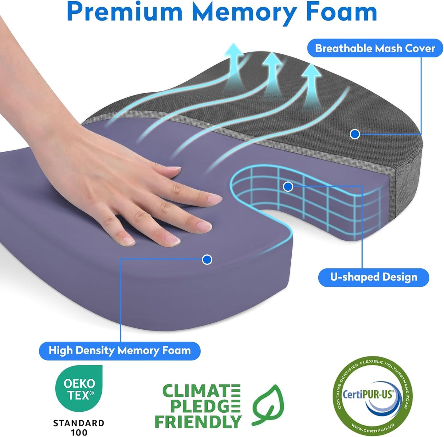 CushZone Seat Cushion - Memory Foam Office Chair Cushion for Sciatica, Tailbone & Back Pain Relief - Orthopedic Coccyx Pillow for Car, Airplane, Pregnancy & Long Sitting at Work, Black