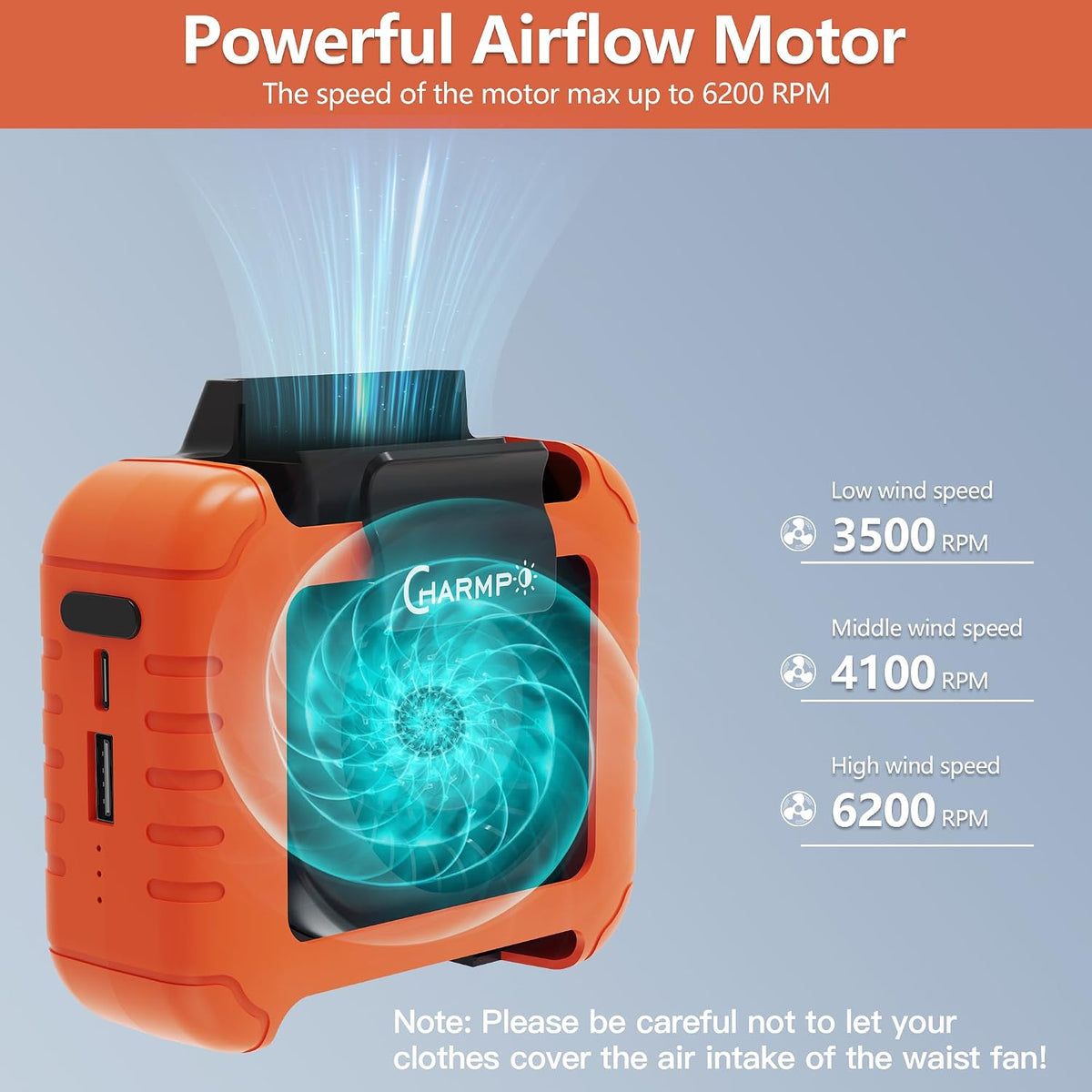 Waist Fan - Portable Cooling Clip Belt Fan with 10000mAh Battery, 24H Working Time, 3 Speeds, 16000RPM Airflow, LED SOS Warning Light for Jobsite, Farming, Fishing, Hot Summer