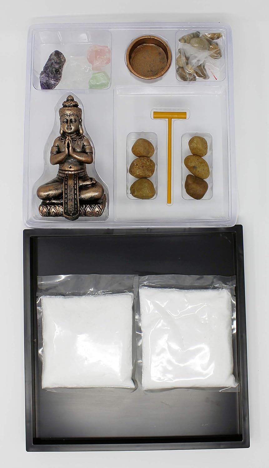 Nature's Mark Mini Zen Garden Kit for Desk with Rake, White Sand, Lotus Figure, 3 Sections Black Square Base, River Rocks and Black Rocks (9Lx9W C)