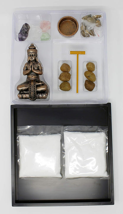 Nature's Mark Mini Zen Garden Kit for Desk with Rake, White Sand, Lotus Figure, 3 Sections Black Square Base, River Rocks and Black Rocks (9Lx9W C)
