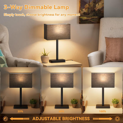 Hong-in Touch Lamps for Bedroom - 3-Way Dimmable Bedside Lamps Set of 2 with USB C+A, Grey Modern Table Lamp for Night Stands, Desk Lamp for Living Room Nightstand End Tables Bed Side