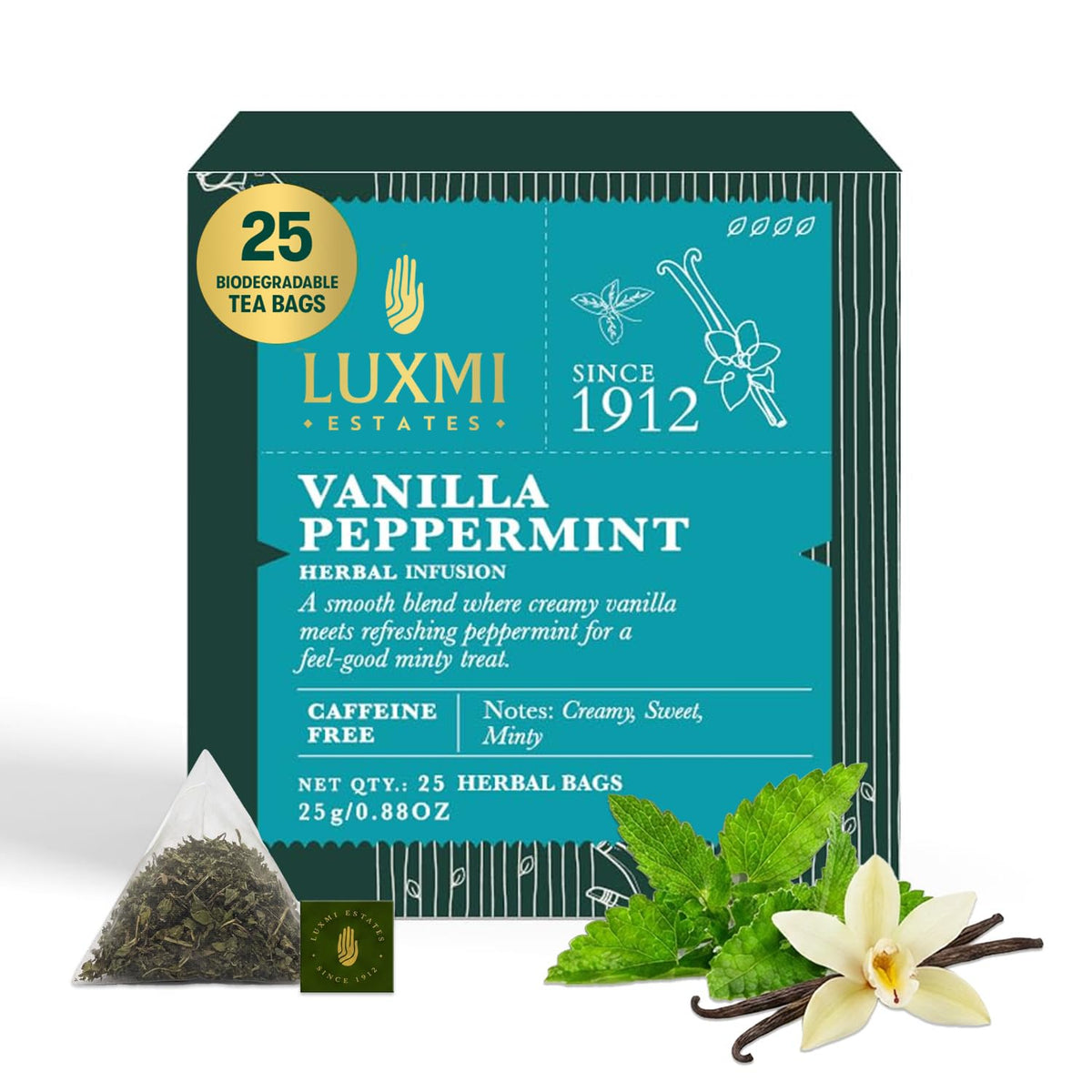 Luxmi Estates Vanilla Peppermint Herbal Tea, 25 Tea Bags (25g, 0.88oz), Caffeine-Free Two-Ingredient Blend with Real Peppermint Leaf & Natural Vanilla | Soothing After-Dinner Cup, Vegan