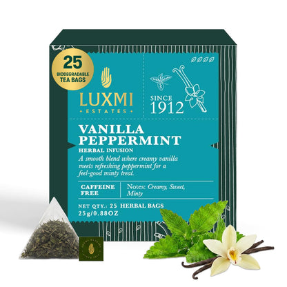 Luxmi Estates Vanilla Peppermint Herbal Tea, 25 Tea Bags (25g, 0.88oz), Caffeine-Free Two-Ingredient Blend with Real Peppermint Leaf & Natural Vanilla | Soothing After-Dinner Cup, Vegan