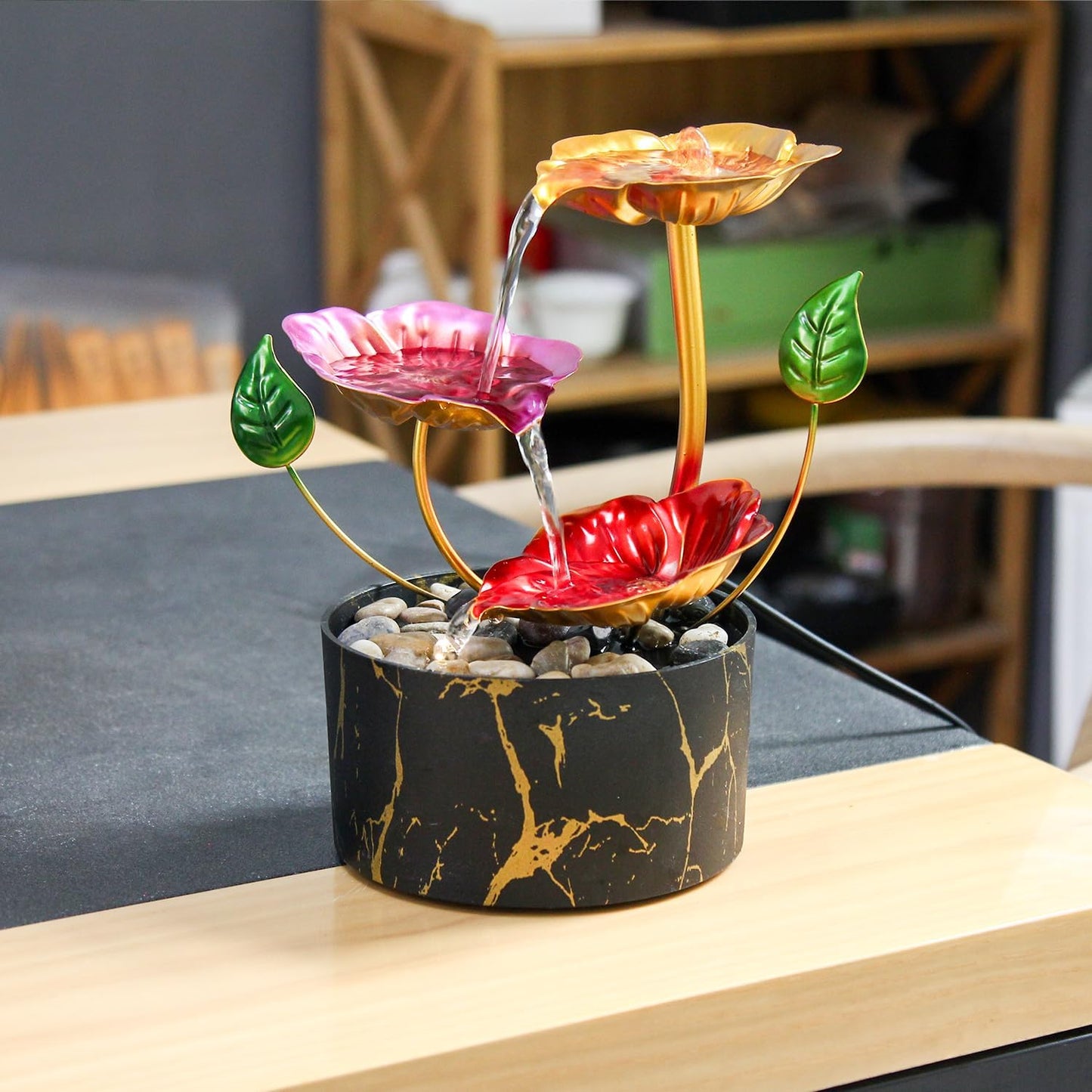 Water Fountain Indoor Waterfall Fountain 3-Tier Tabletop Fountain Lotus Desk Relaxation Home Decor Including Lots of Rocks and Soothing Sound Machine (Green 1)