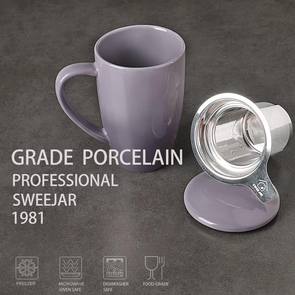 Sweejar Porcelain Tea Infuser Mug with Lid, 16 oz Teacup with Strainers for Loose Leaf Tea, Microwave and Dishwasher Safe Coffee Mug(Purple)