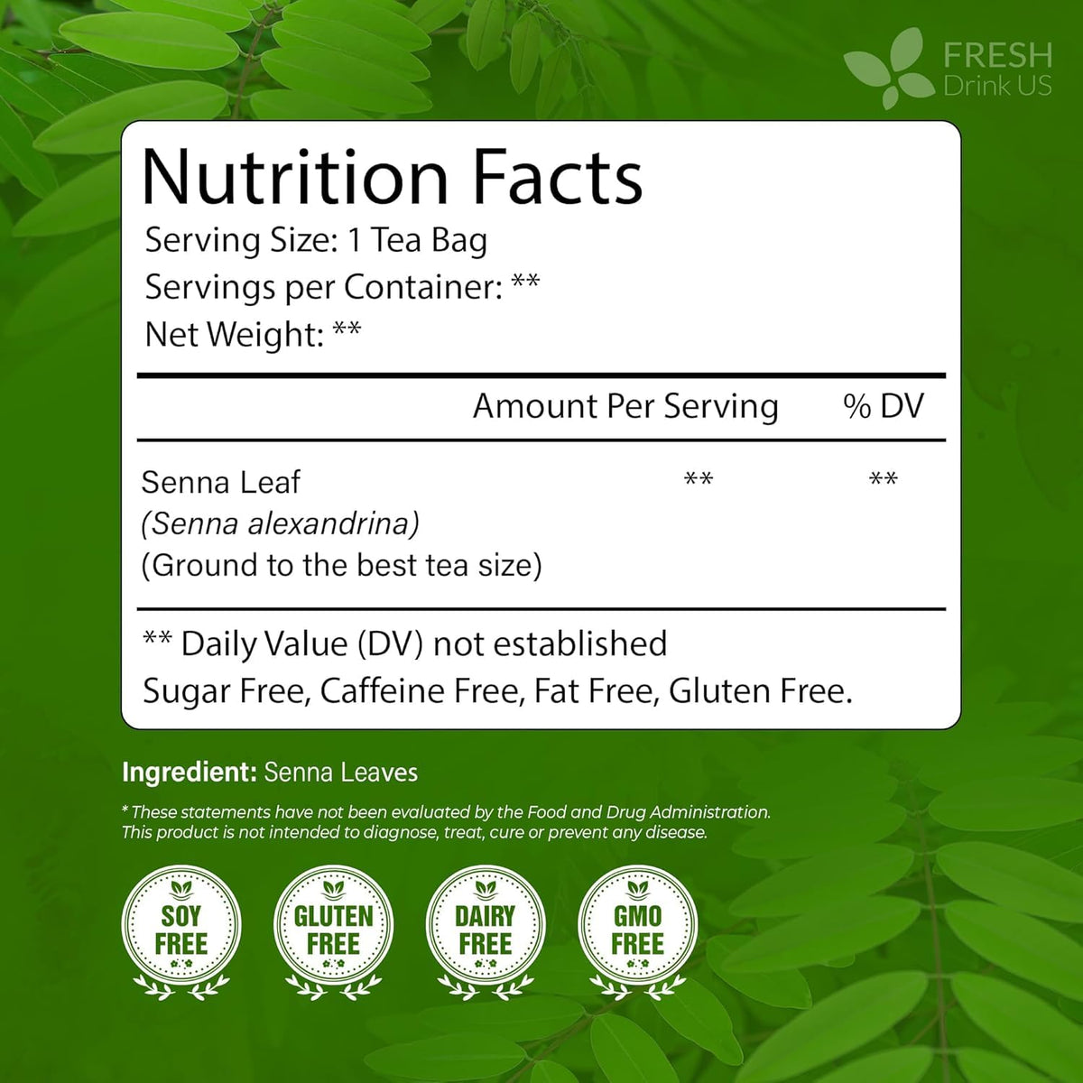 FreshDrinkUS, Premium Senna Leaf Tea Bag, 135 Count, Pure, Caffeine Free