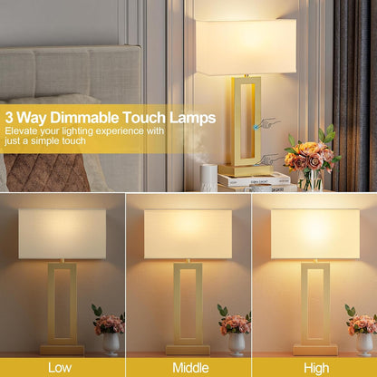 Seealle Bedroom Table Lamps Set of 2 - Touch Bedside Lamps with USB C+A, 3 Way Dimmable Gold Lamp for Nightstand, Modern Night Stands Lamps for Living Room End Tables Desk Bed Side Study Room(16.4n)