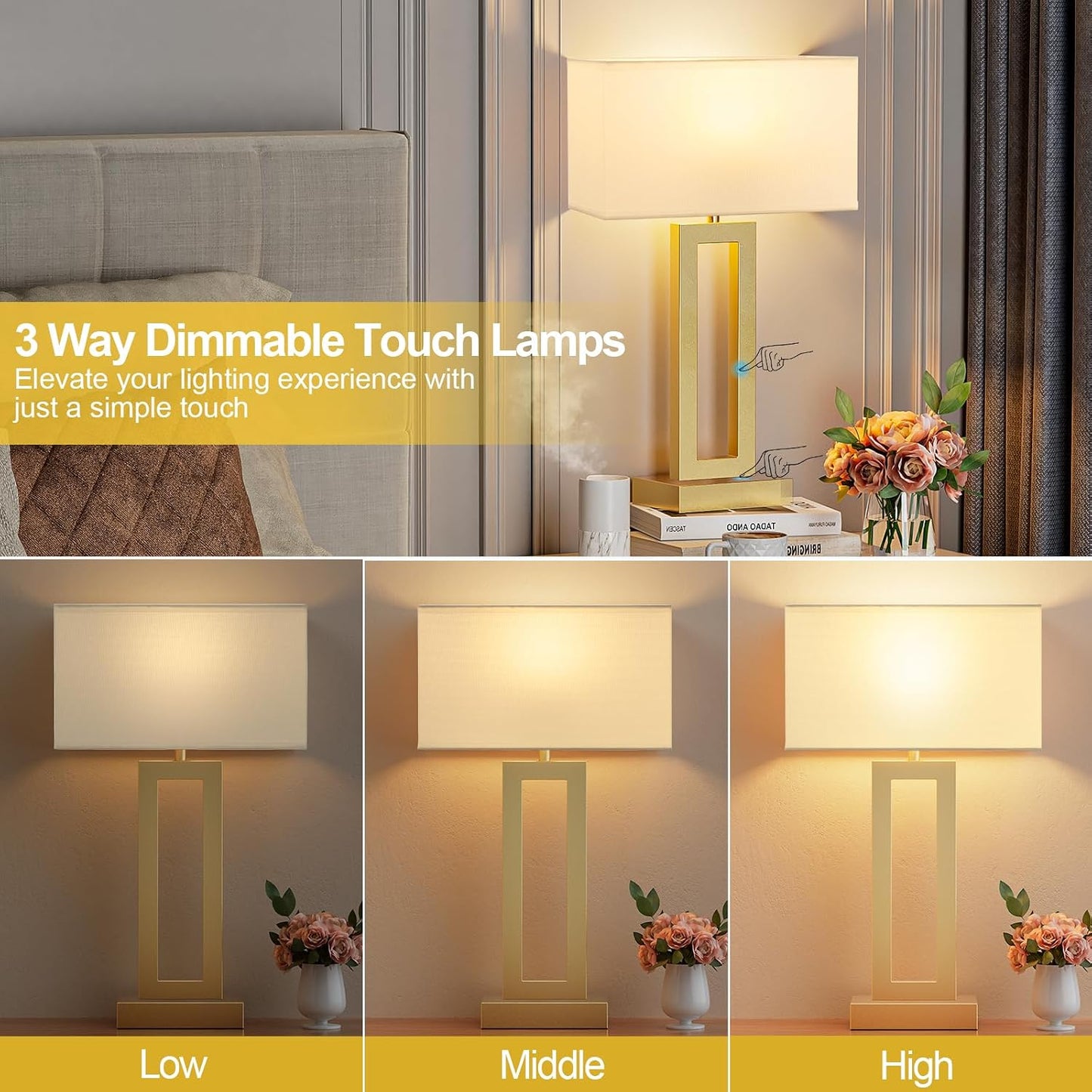 Gold Table Lamps Set of 2, 16.4" Bedside Lamps for Nightstand with USB C+A