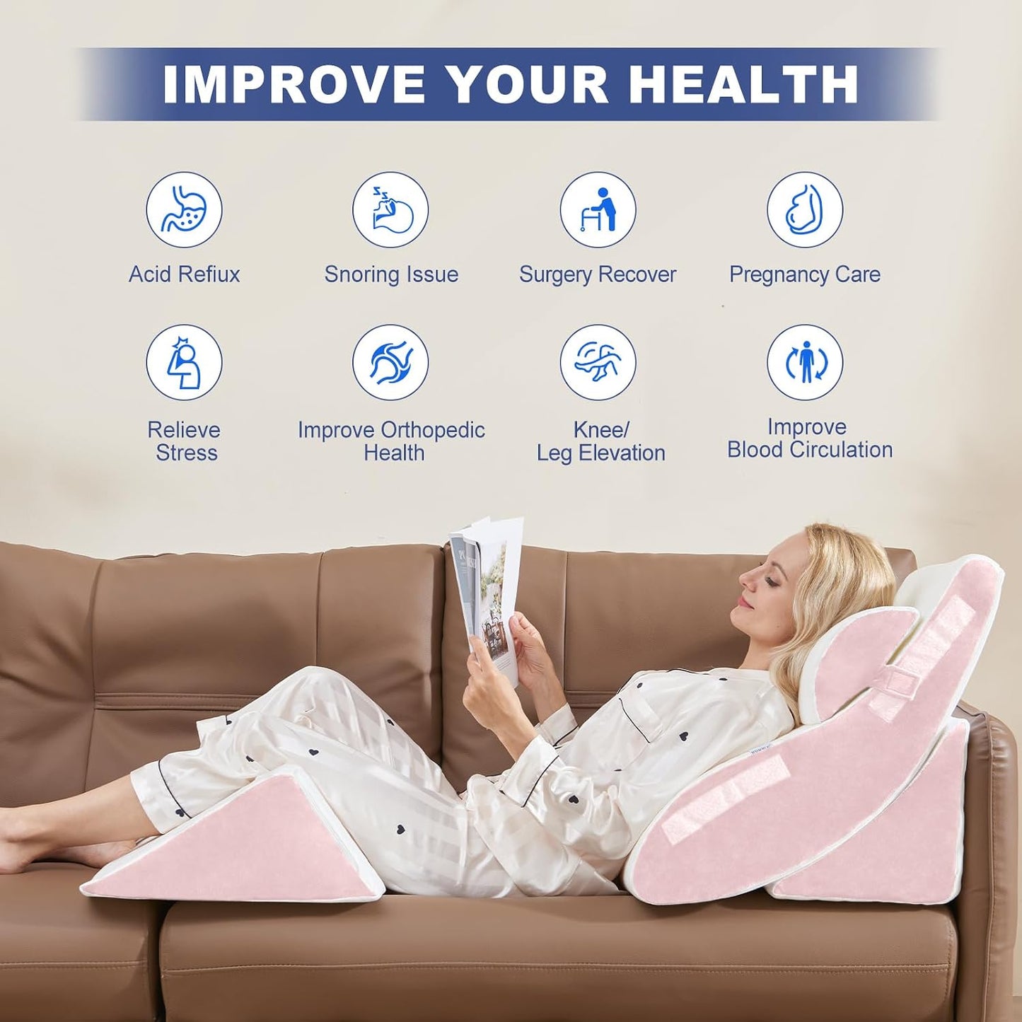 4PCS Orthopedic Bed Wedge Pillow Set for Sleeping, Post Surgery Foam Support Pillows for Back, Neck and Leg Pain Relief, Adjustable Triangle Pillow – Acid Reflux, GERD & Snoring Recovery, White Grey