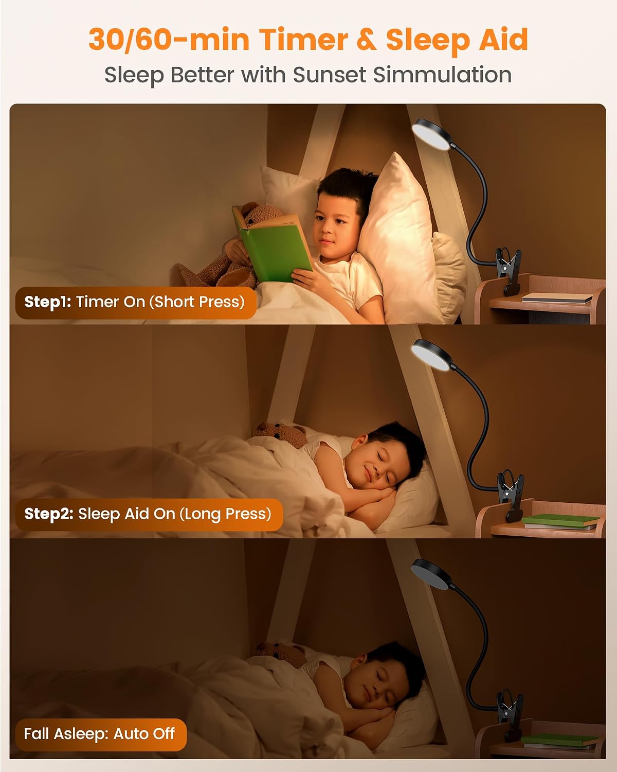 Glocusent Clip on Light, 72 LEDs Clip on Lamp with Amber Night Light, 3 Colors & 5 Brightness Bed Lamp, 30/60-Min Auto Off Timer, Perfect Eye Caring Reading Lamps for Bed/Headboard/Table/Desk