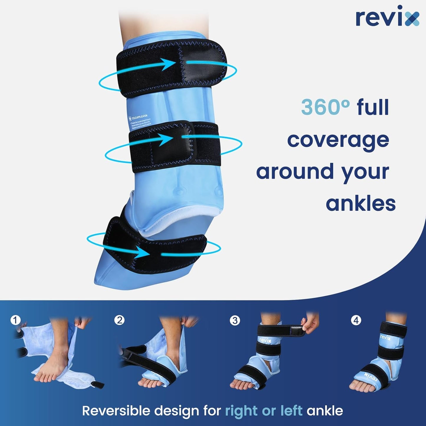 REVIX Ankle Ice Pack Wrap for Foot Pain Relief and Feet Injuries, Reusable Gel Ice Cold Packs for Achilles Tendonitis, Plantar Fasciitis, Sprained Ankles and Heels
