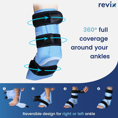 REVIX Ankle Ice Pack Wrap for Foot Pain Relief and Feet Injuries, Reusable Gel Ice Cold Packs for Achilles Tendonitis, Plantar Fasciitis, Sprained Ankles and Heels
