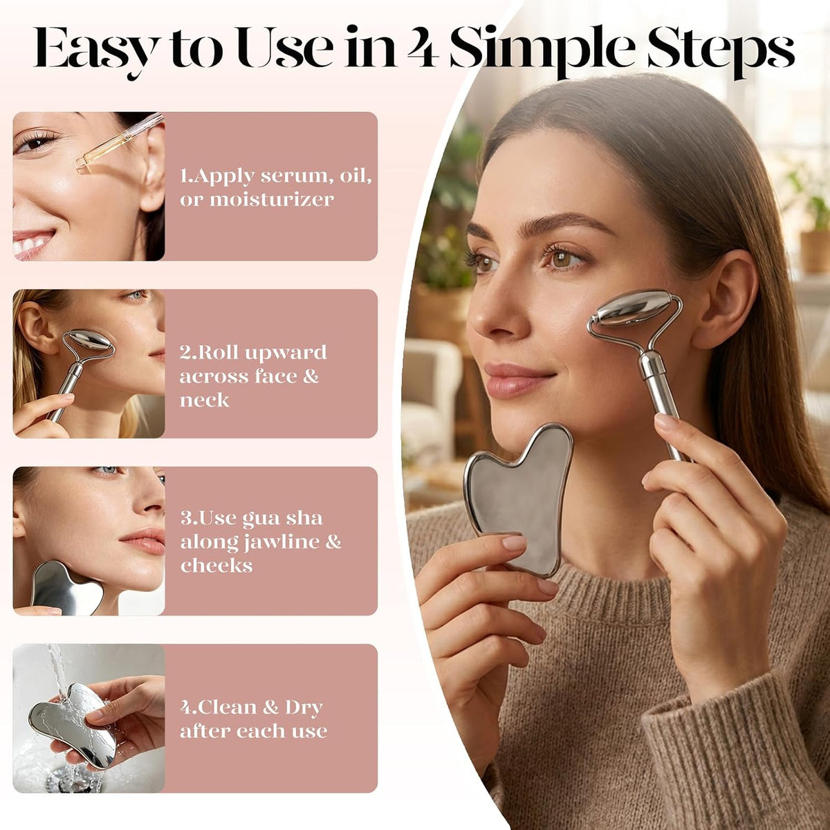 BAIMEI IcyMe Rose Quartz Roller & Gua Sha Facial Tool Set for Depuffing