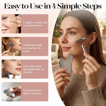 BAIMEI IcyMe Rose Quartz Roller & Gua Sha Facial Tool Set for Depuffing