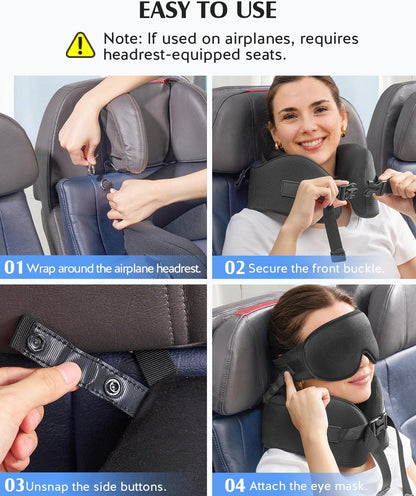 YFONG Travel Pillow for Long Flights, Patented 360° Ergonomic Sleeper Hold Head Support System with Memory Foam Neck Pillow & 3D Sleep Mask, Prevent Head Bobbing for Airplane & Road Trip, Pink